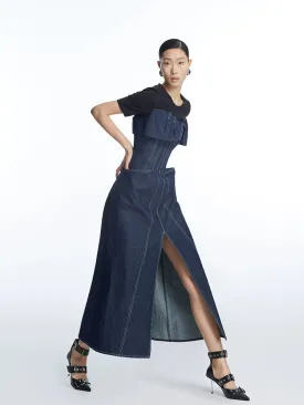 LEDI W fake two-piece denim midi long slit dress- Tete