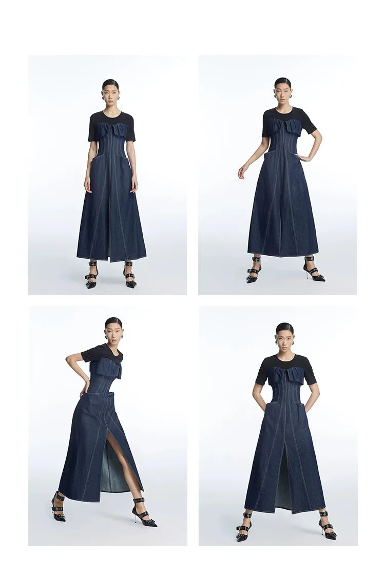 LEDI W fake two-piece denim midi long slit dress- Tete