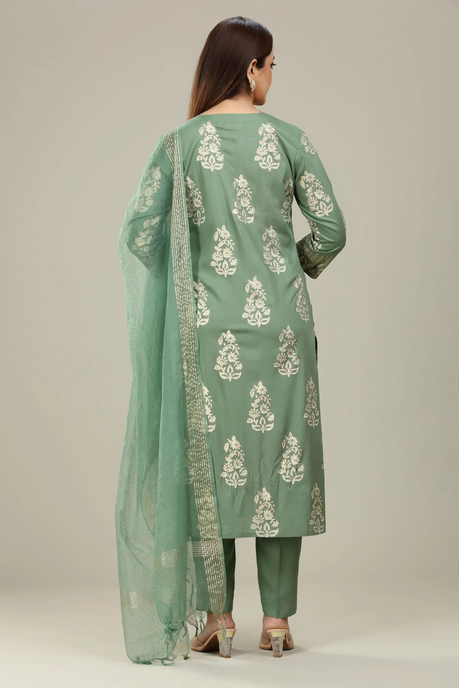 Light Green Rayon Straight Embroidered Kurta Palazzo Suit Set