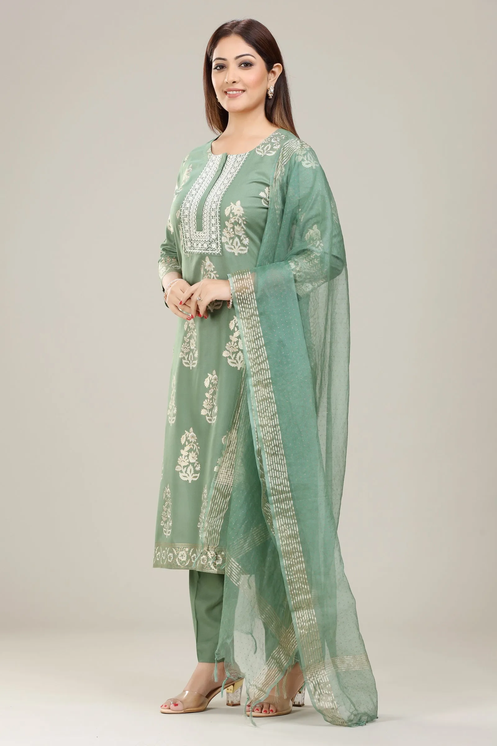 Light Green Rayon Straight Embroidered Kurta Palazzo Suit Set