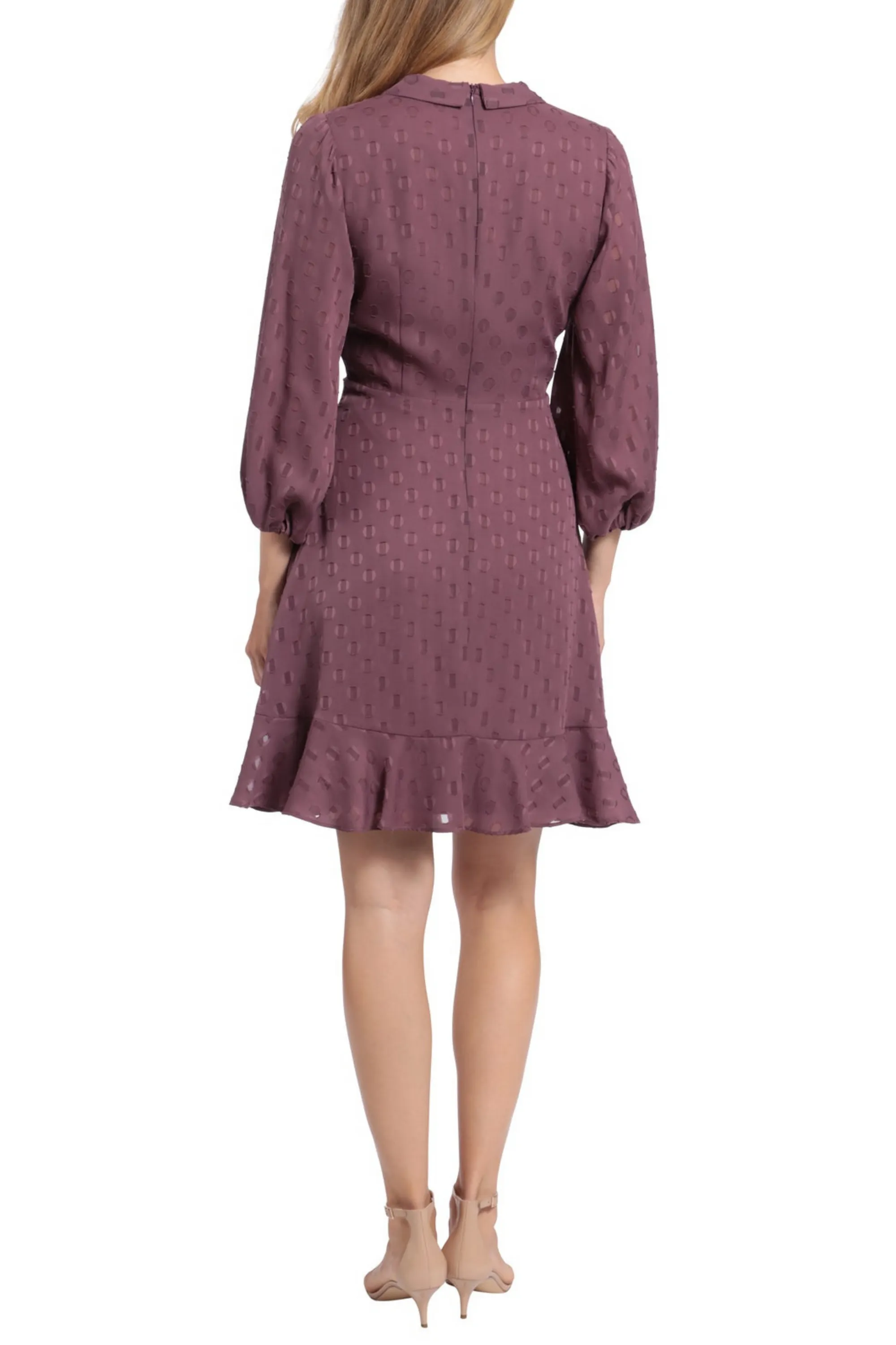 London Times Plum Wine Faux Wrap Style Long Sleeve Dress