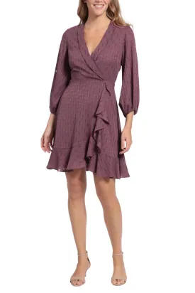 London Times Plum Wine Faux Wrap Style Long Sleeve Dress