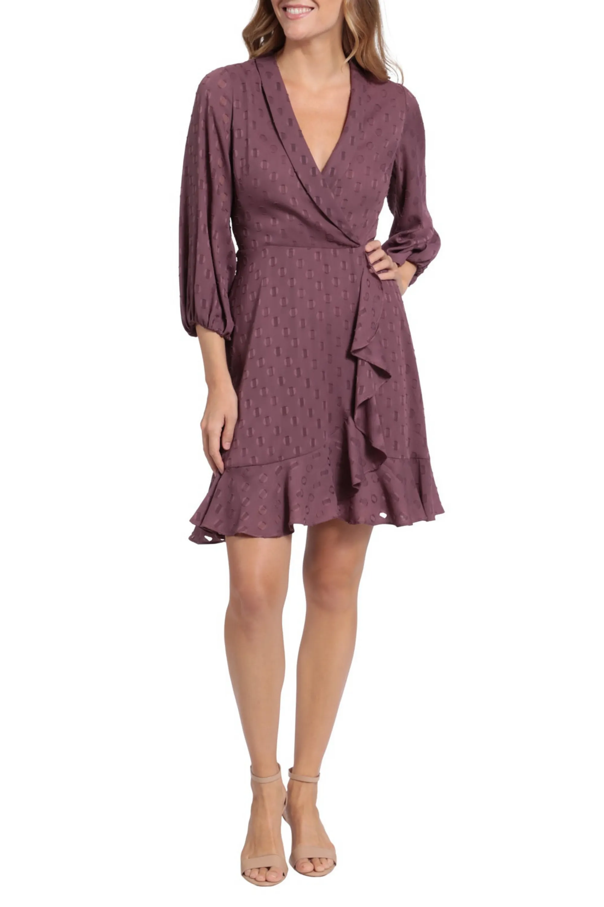 London Times Plum Wine Faux Wrap Style Long Sleeve Dress