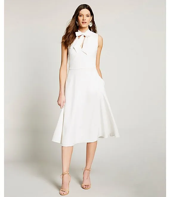 Maggy London Bow Tie V-Neck Crepe Stretch A-Line Midi Dress