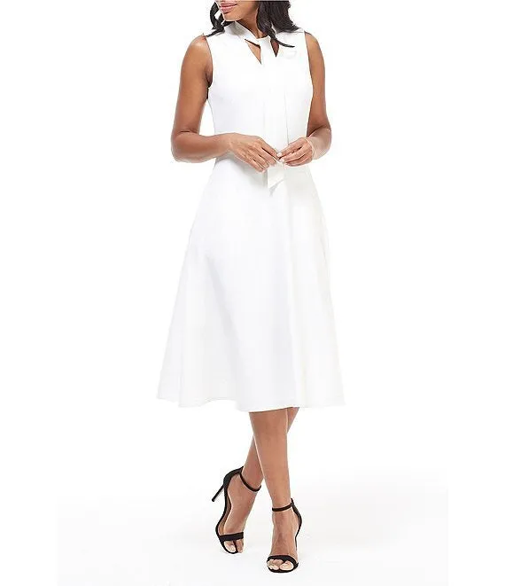 Maggy London Bow Tie V-Neck Crepe Stretch A-Line Midi Dress