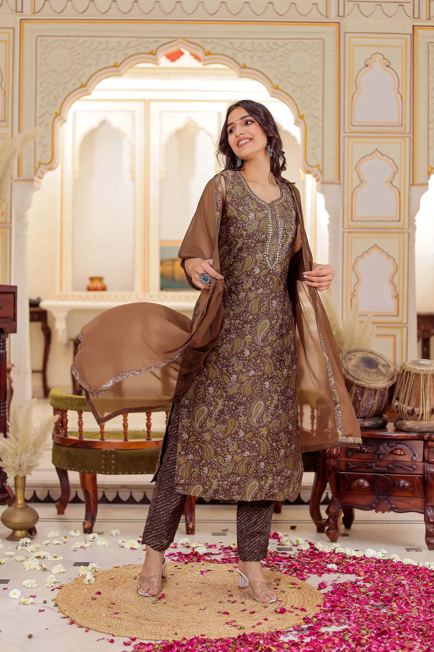 Mehndi Silk Printed Straight Cut Suit