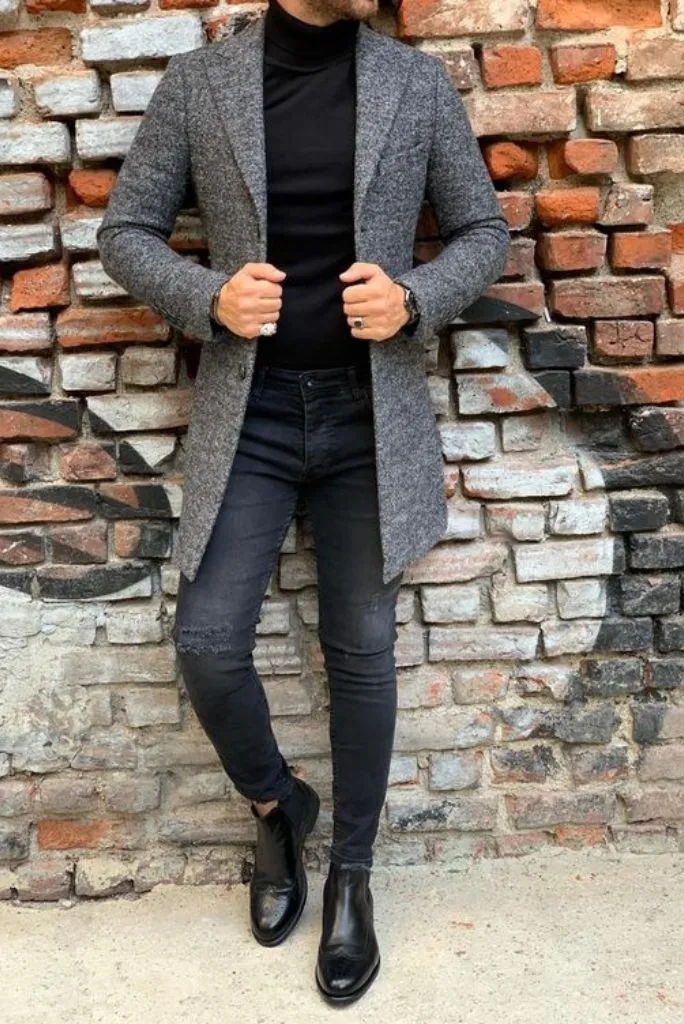 Men Grey Wool Coat Winter Grey Overcoat Vintage Trench Dinner Coat Tweed Jacket Winter Outwear Casual Coat long For Men