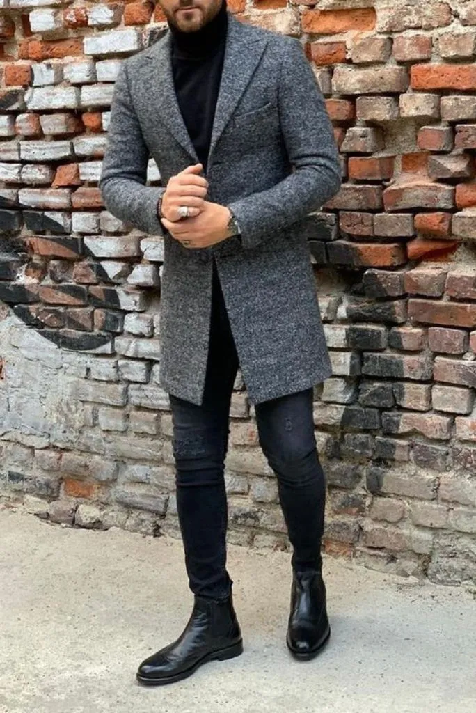 Men Grey Wool Coat Winter Grey Overcoat Vintage Trench Dinner Coat Tweed Jacket Winter Outwear Casual Coat long For Men