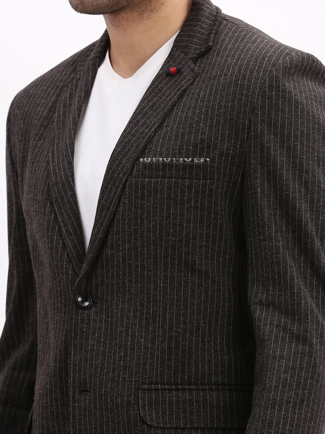 Men Striped Charcoal Single Breasted Blazer