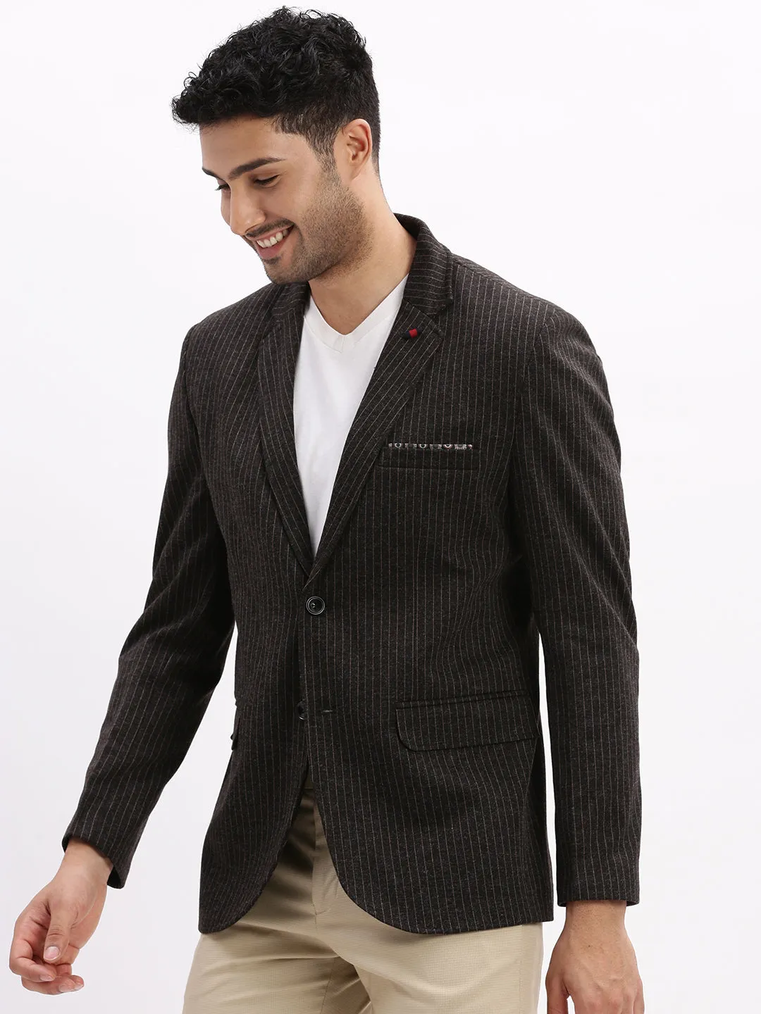 Men Striped Charcoal Single Breasted Blazer