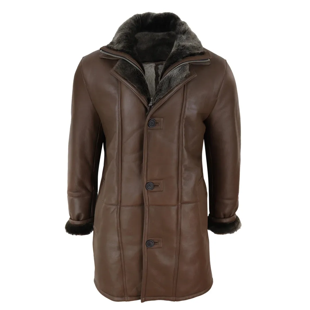 Men's 3/4 Duffle Jacket Sheepskin Long Button Zip Warm