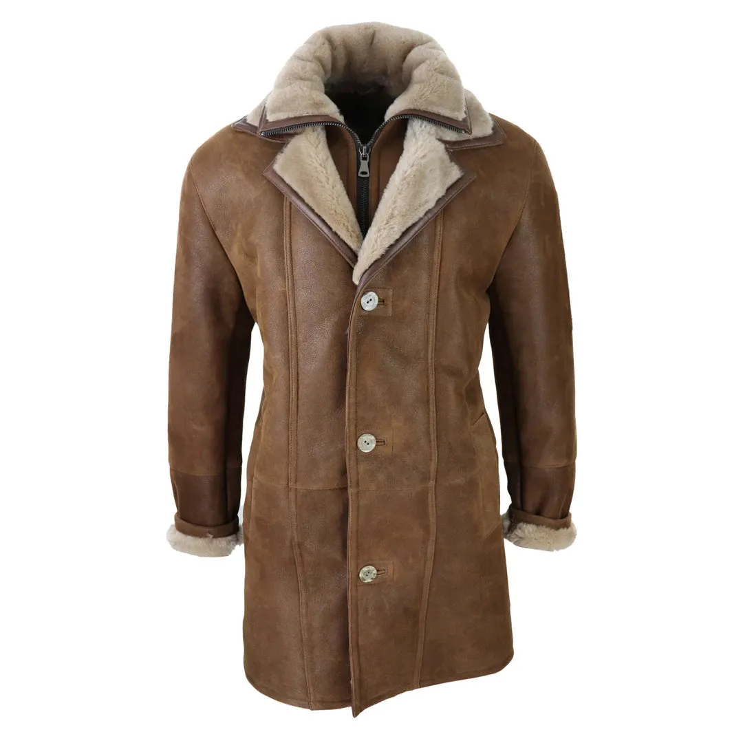 Men's 3/4 Duffle Jacket Sheepskin Long Button Zip Warm