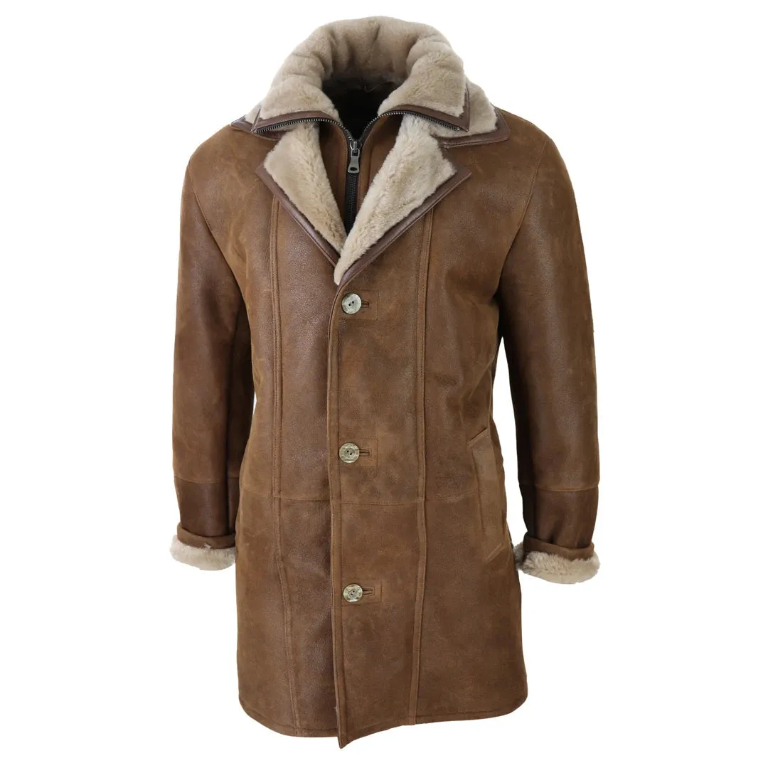 Men's 3/4 Duffle Jacket Sheepskin Long Button Zip Warm