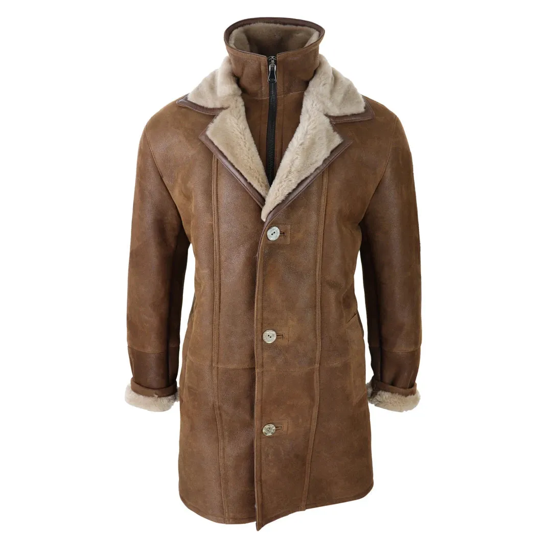 Men's 3/4 Duffle Jacket Sheepskin Long Button Zip Warm