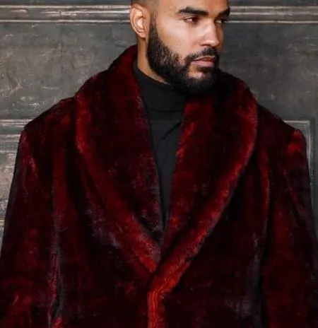 Mens Fashion Burgundy Black Faux Fur Overcoat