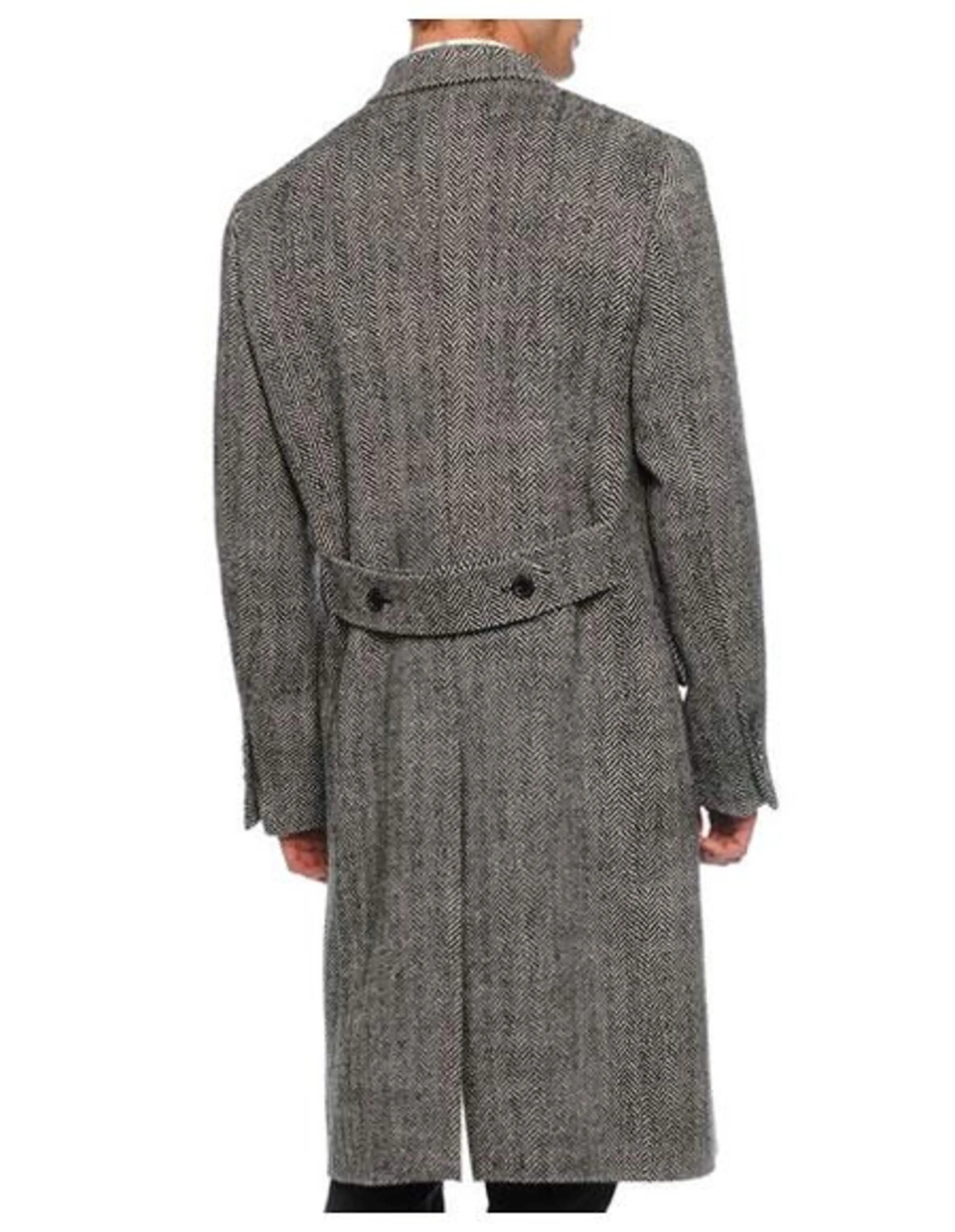 Mens Overcoat - Topcoat For Men - Winter Fabric - Men's Dress Coat Double Breasted Black ~ White Six Button Gray Herringbone Tweed Overcoat Full length