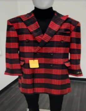 Mens Plaid Overcoat - Wool Peacoat - Plaid Topcoats Plaid Pattern Red and Black