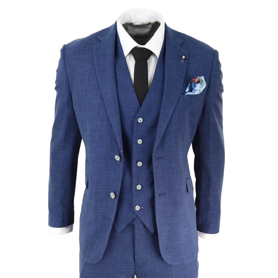 Miami - Men's 3 Piece Suit Blue Summer Linen Wedding Prom Classic