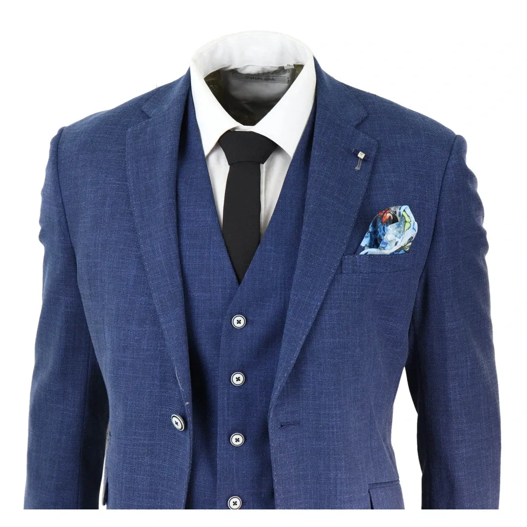 Miami - Men's 3 Piece Suit Blue Summer Linen Wedding Prom Classic