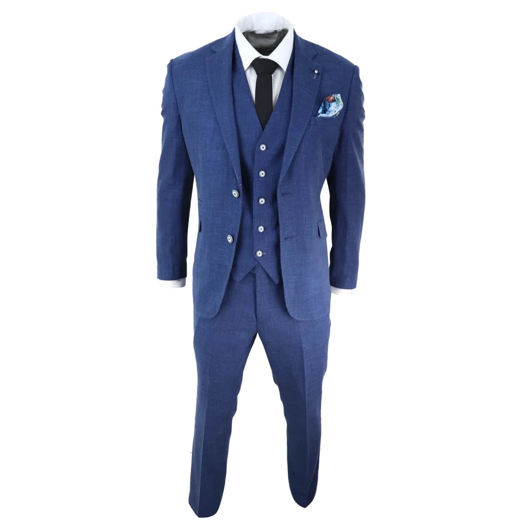 Miami - Men's 3 Piece Suit Blue Summer Linen Wedding Prom Classic