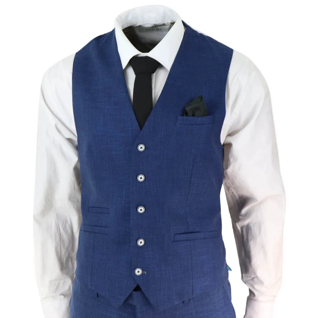 Miami - Men's 3 Piece Suit Blue Summer Linen Wedding Prom Classic