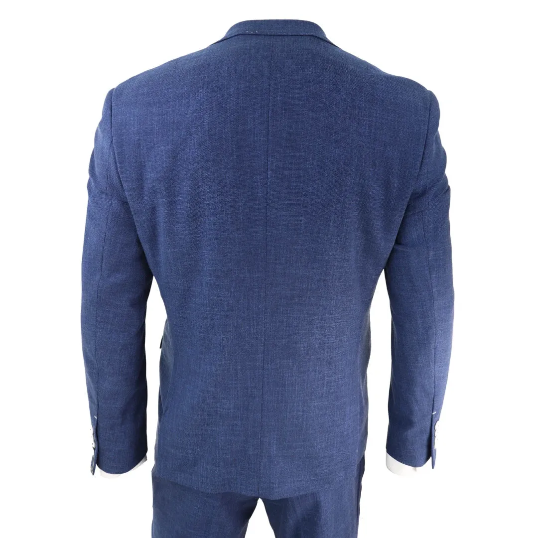 Miami - Men's 3 Piece Suit Blue Summer Linen Wedding Prom Classic