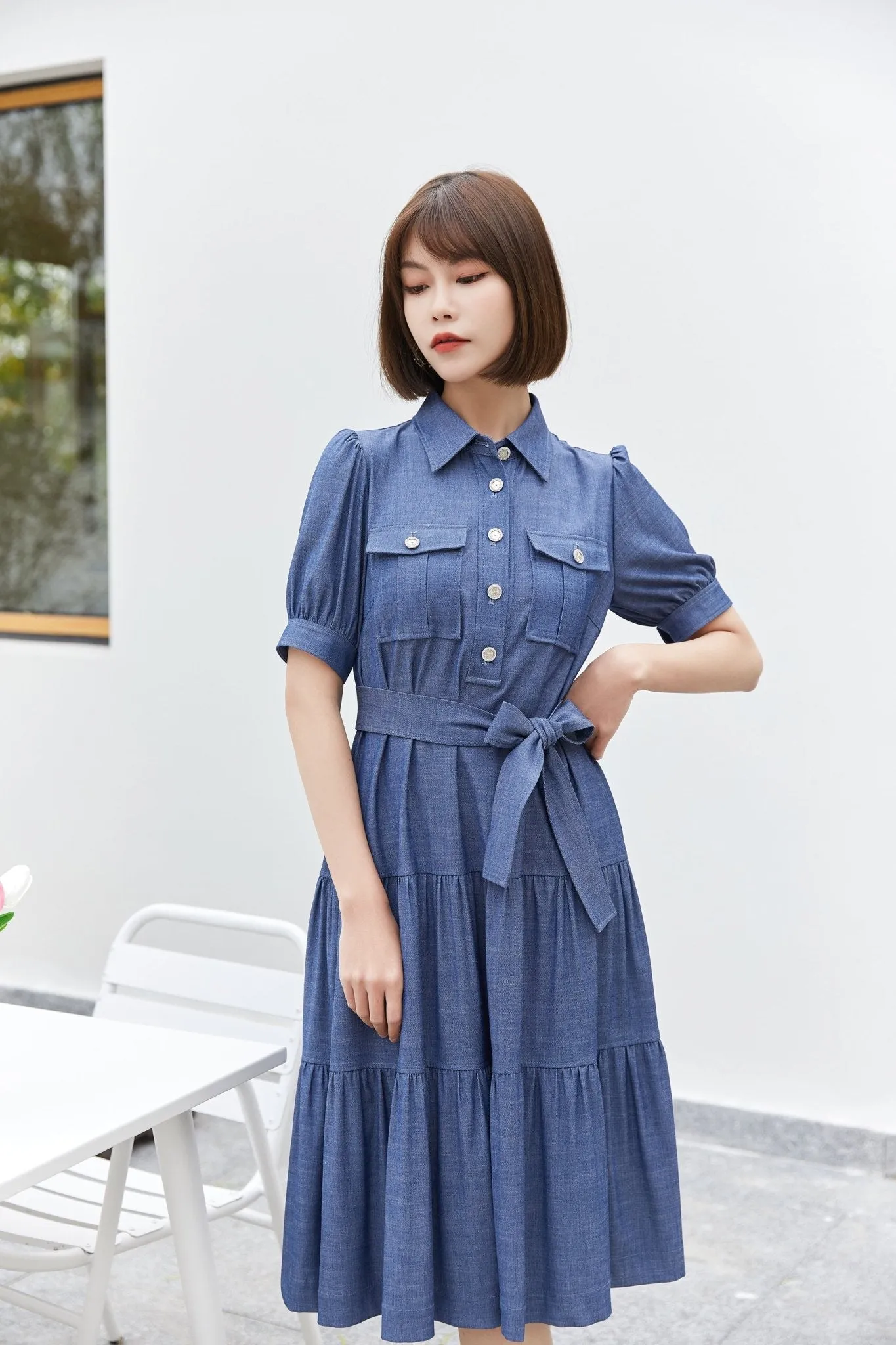 Midnight Blue Denim Dress With Band Pocket