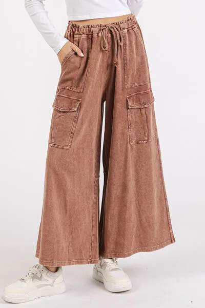 Mineral Wash French Terry Cargo Wide Leg Pants