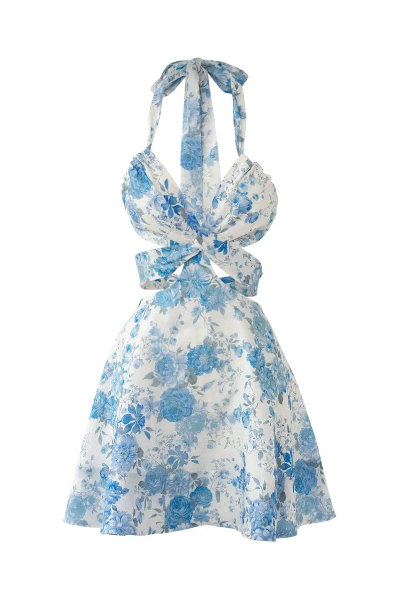 MODA CUT OUT MINI DRESS - Sky Blue Floral