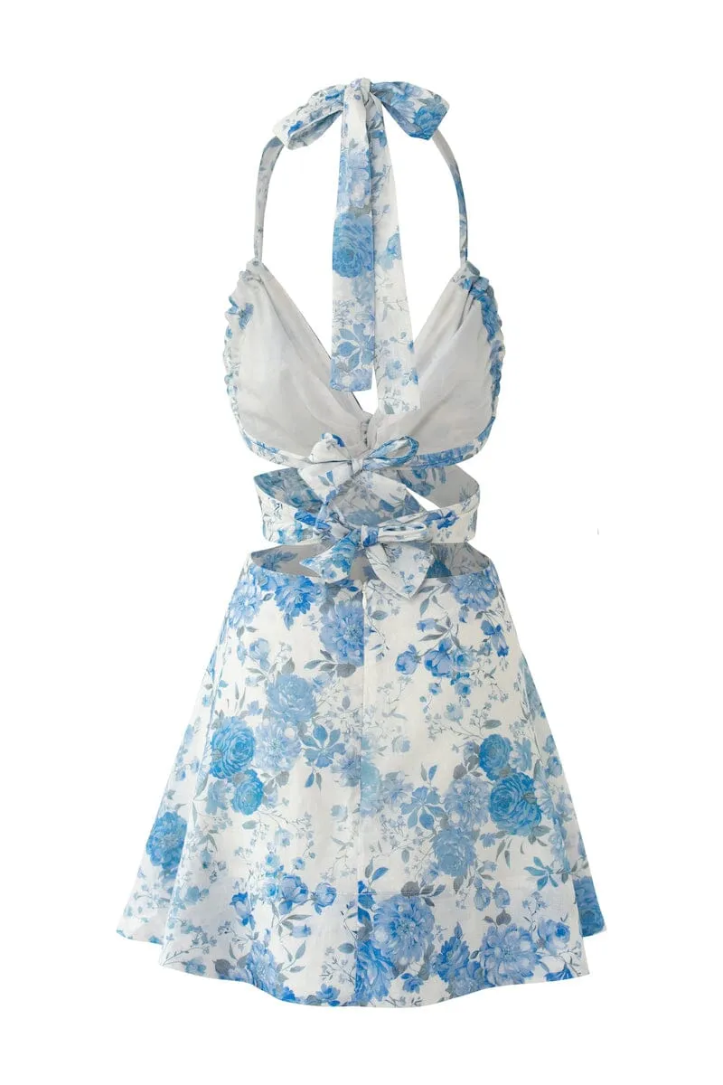 MODA CUT OUT MINI DRESS - Sky Blue Floral