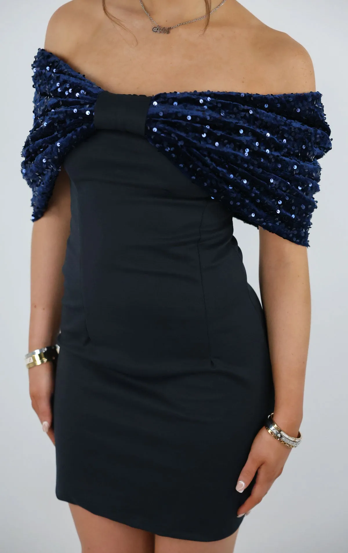 Navy Off The Shoulder Velvet Sequin Bow Structured Dress