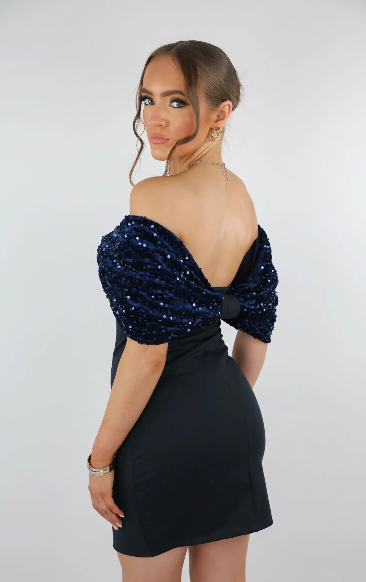 Navy Off The Shoulder Velvet Sequin Bow Structured Dress