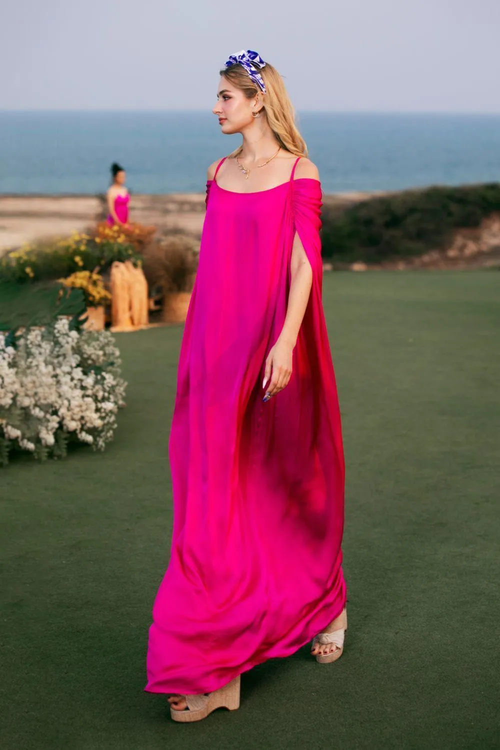 Nina Straight Slit Sleeved Latin Silk Maxi Dress