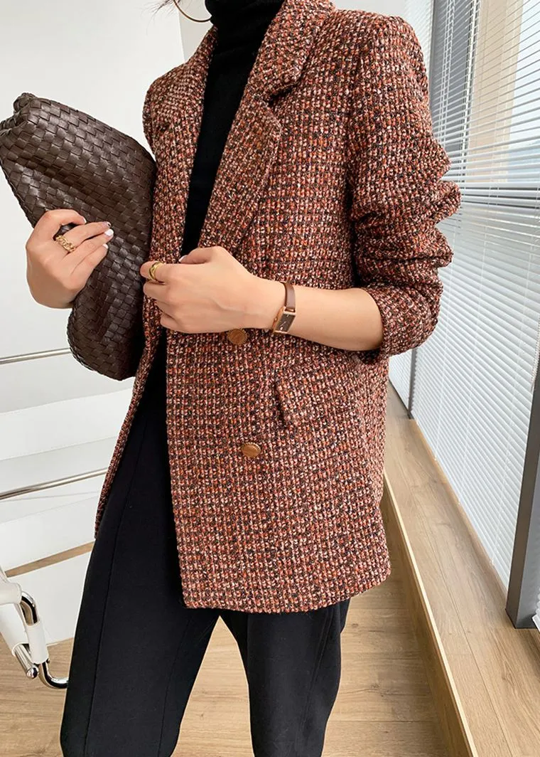 Orange Plaid Tweed Double Breasted Blazer