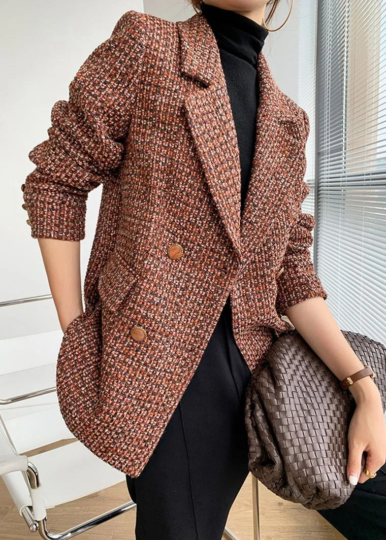 Orange Plaid Tweed Double Breasted Blazer