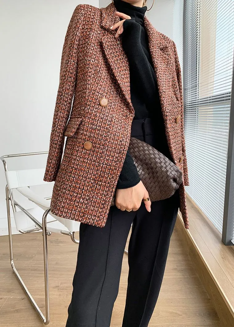 Orange Plaid Tweed Double Breasted Blazer