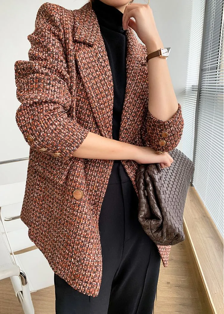 Orange Plaid Tweed Double Breasted Blazer