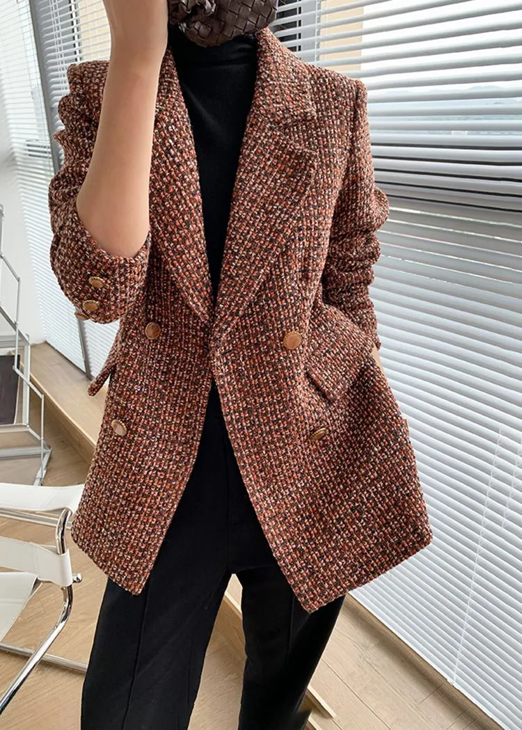 Orange Plaid Tweed Double Breasted Blazer