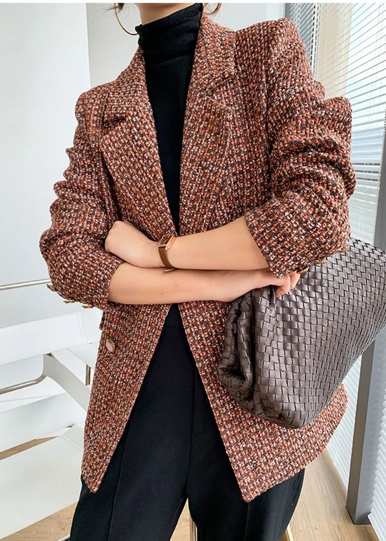 Orange Plaid Tweed Double Breasted Blazer