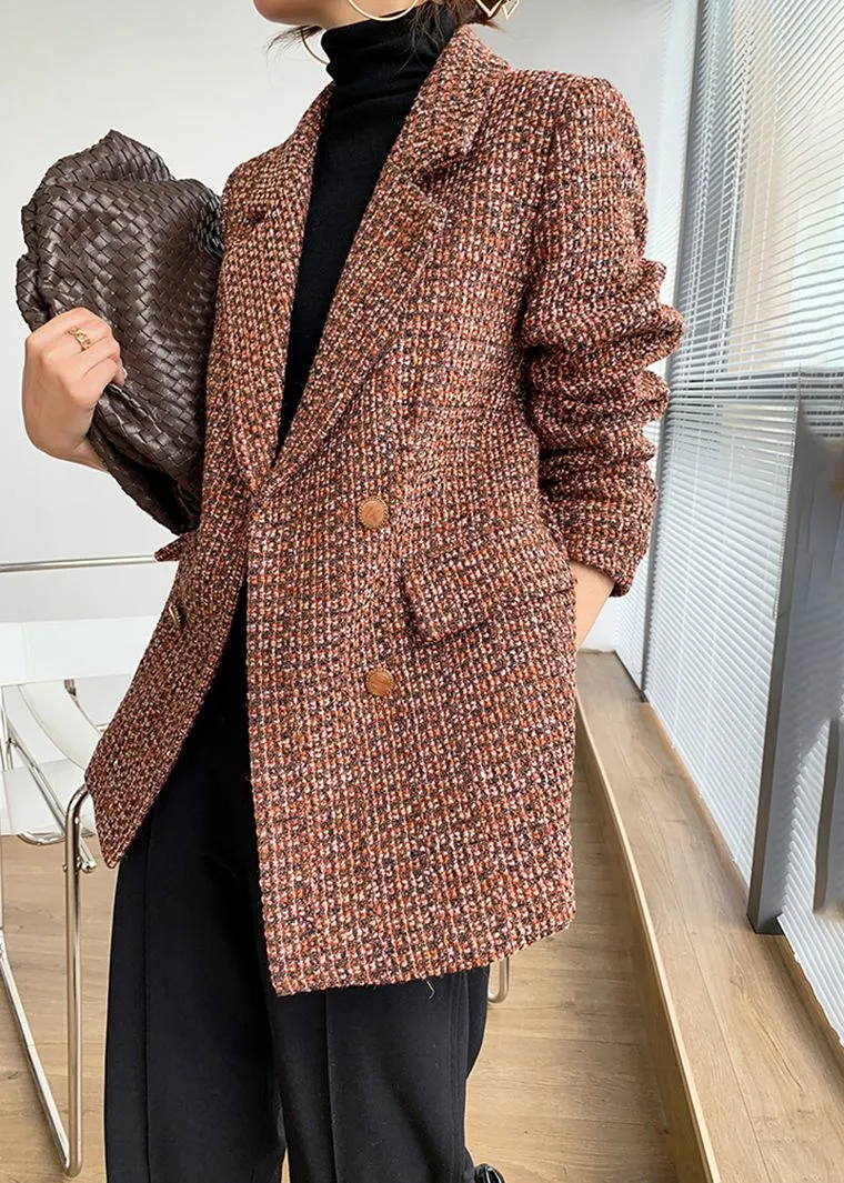 Orange Plaid Tweed Double Breasted Blazer