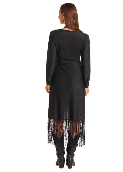 Panhandle Women's Black Shimmer Fringe Long Sleeve Wrap Dress LWD9R05178