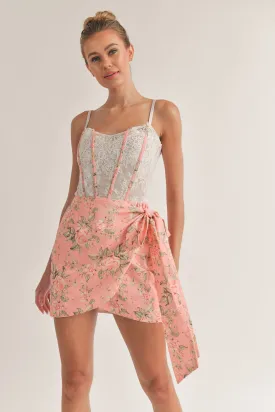 Pink Floral Print Croset Wrap Mini Dress