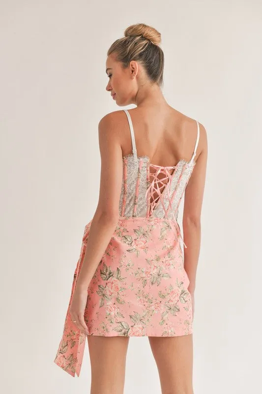 Pink Floral Print Croset Wrap Mini Dress