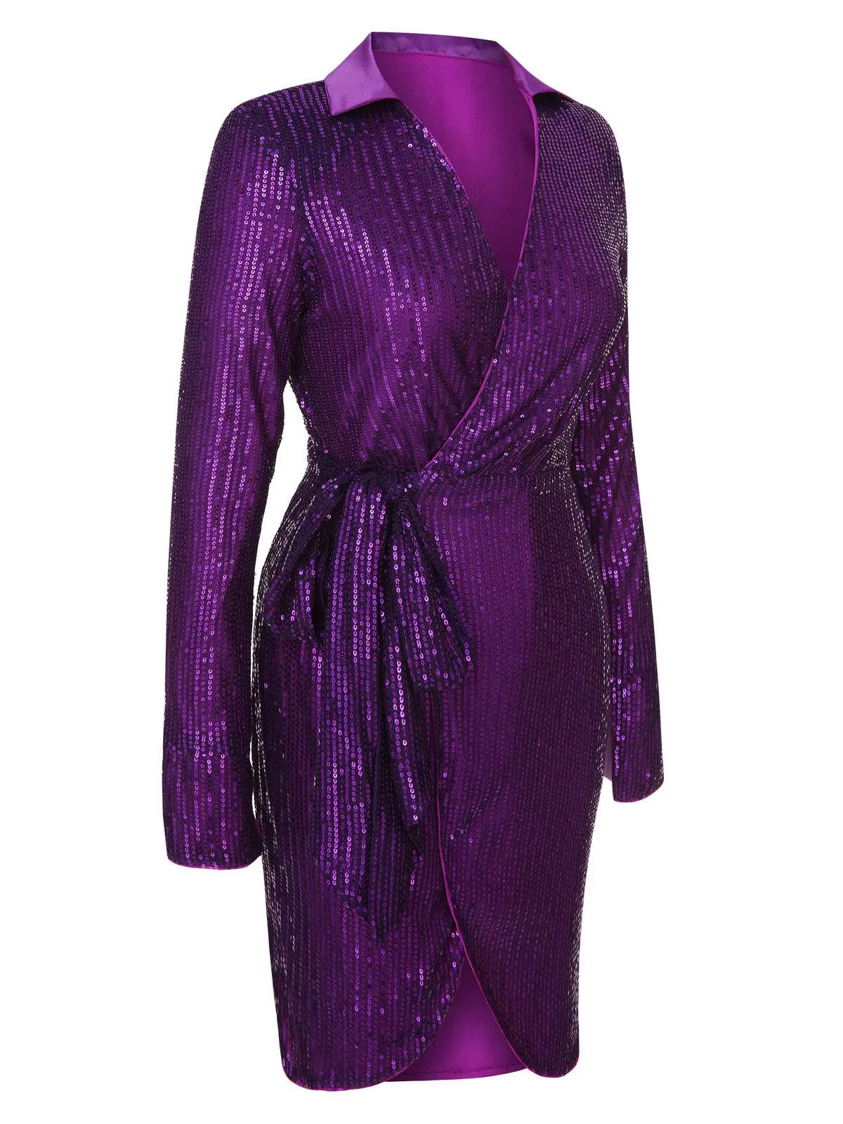 Purple 1960s Lapel Sequined Wrap Dress