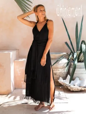 Raw Cotton Sleeveless Wrap Dress / Black