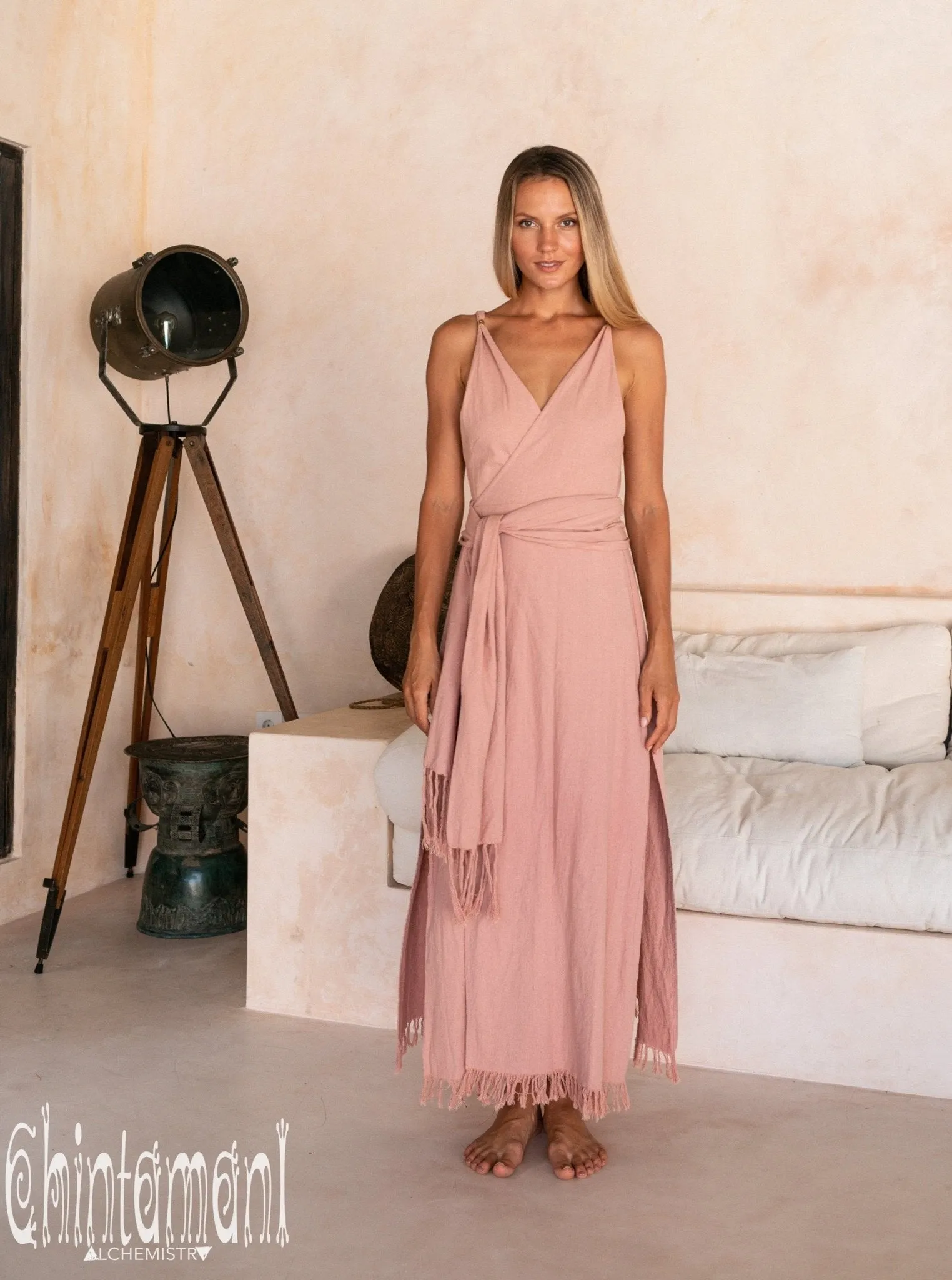 Raw Cotton Sleeveless Wrap Dress / Dusty Pink