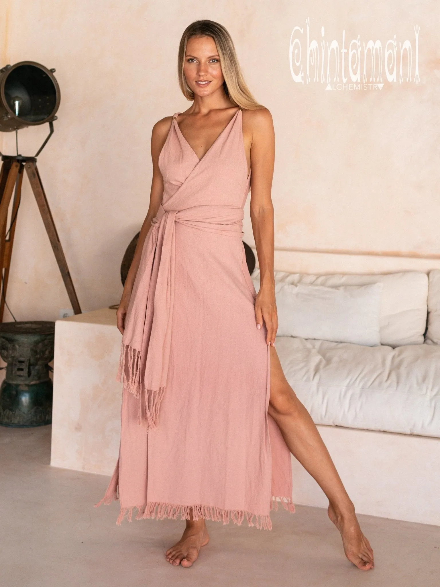 Raw Cotton Sleeveless Wrap Dress / Dusty Pink