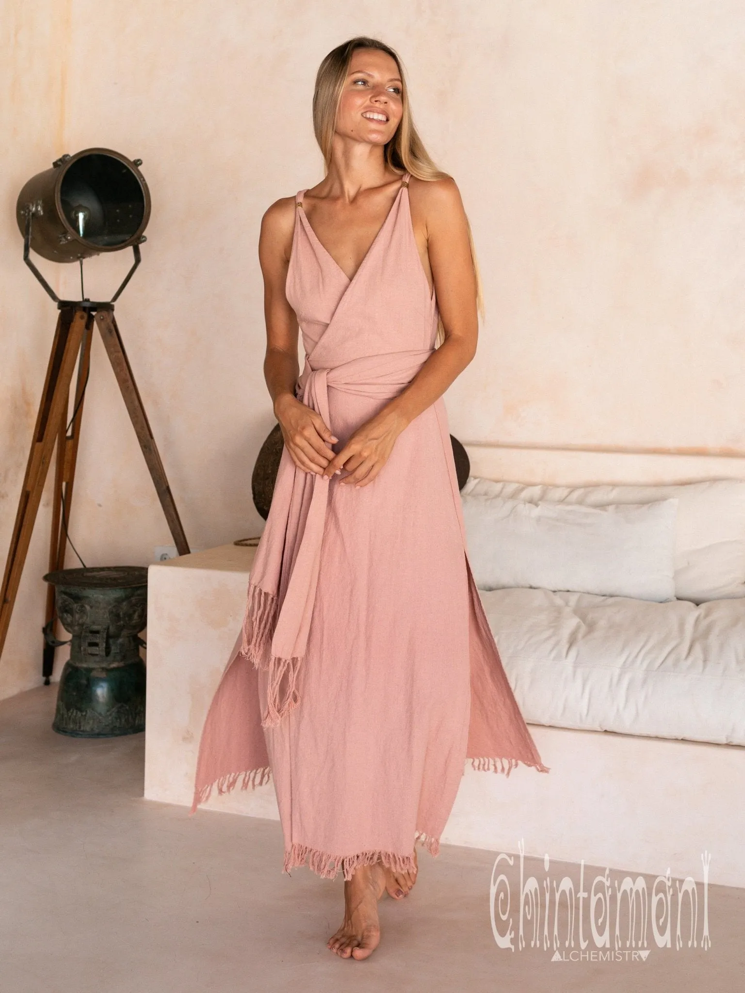 Raw Cotton Sleeveless Wrap Dress / Dusty Pink