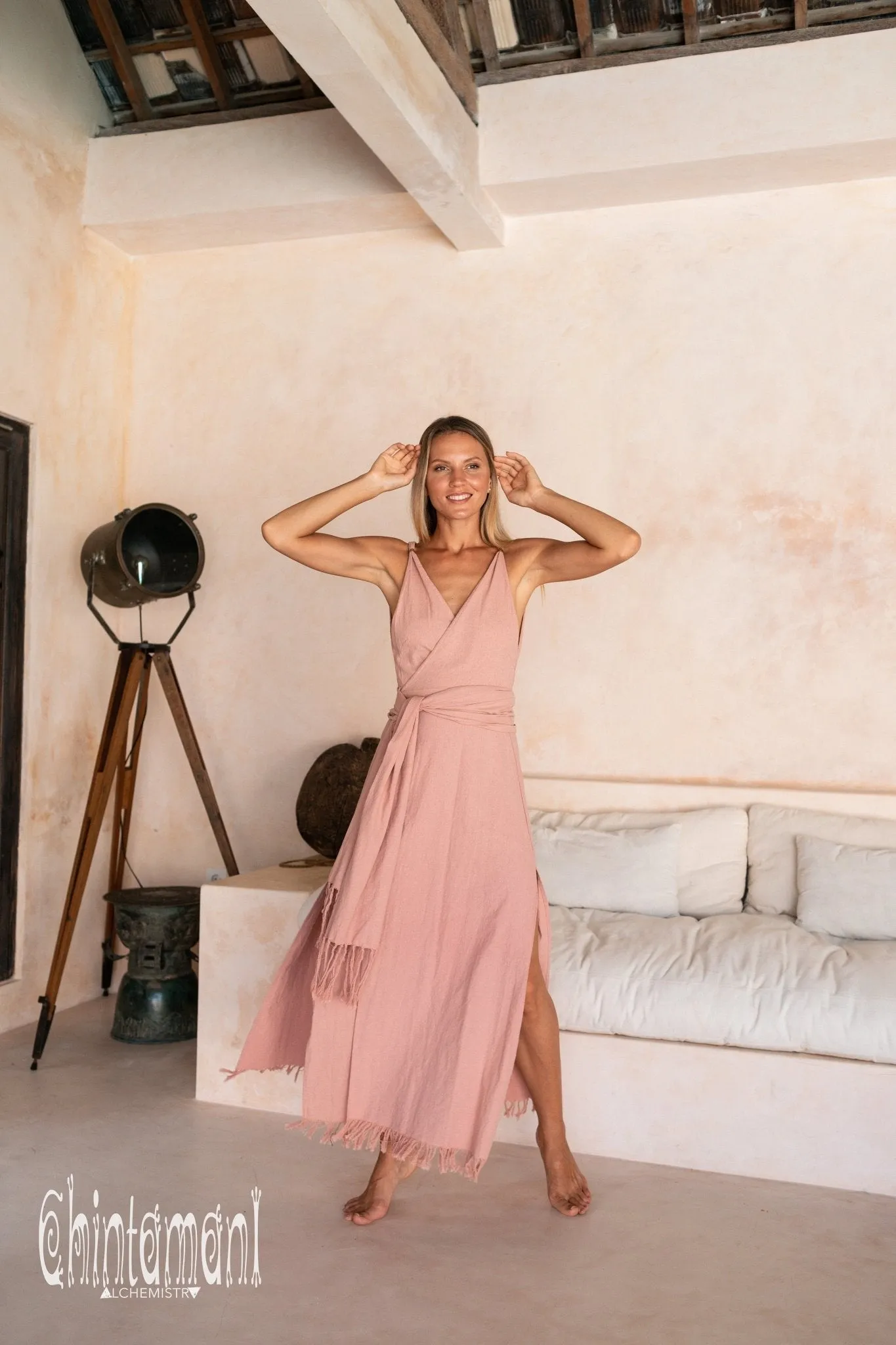 Raw Cotton Sleeveless Wrap Dress / Dusty Pink