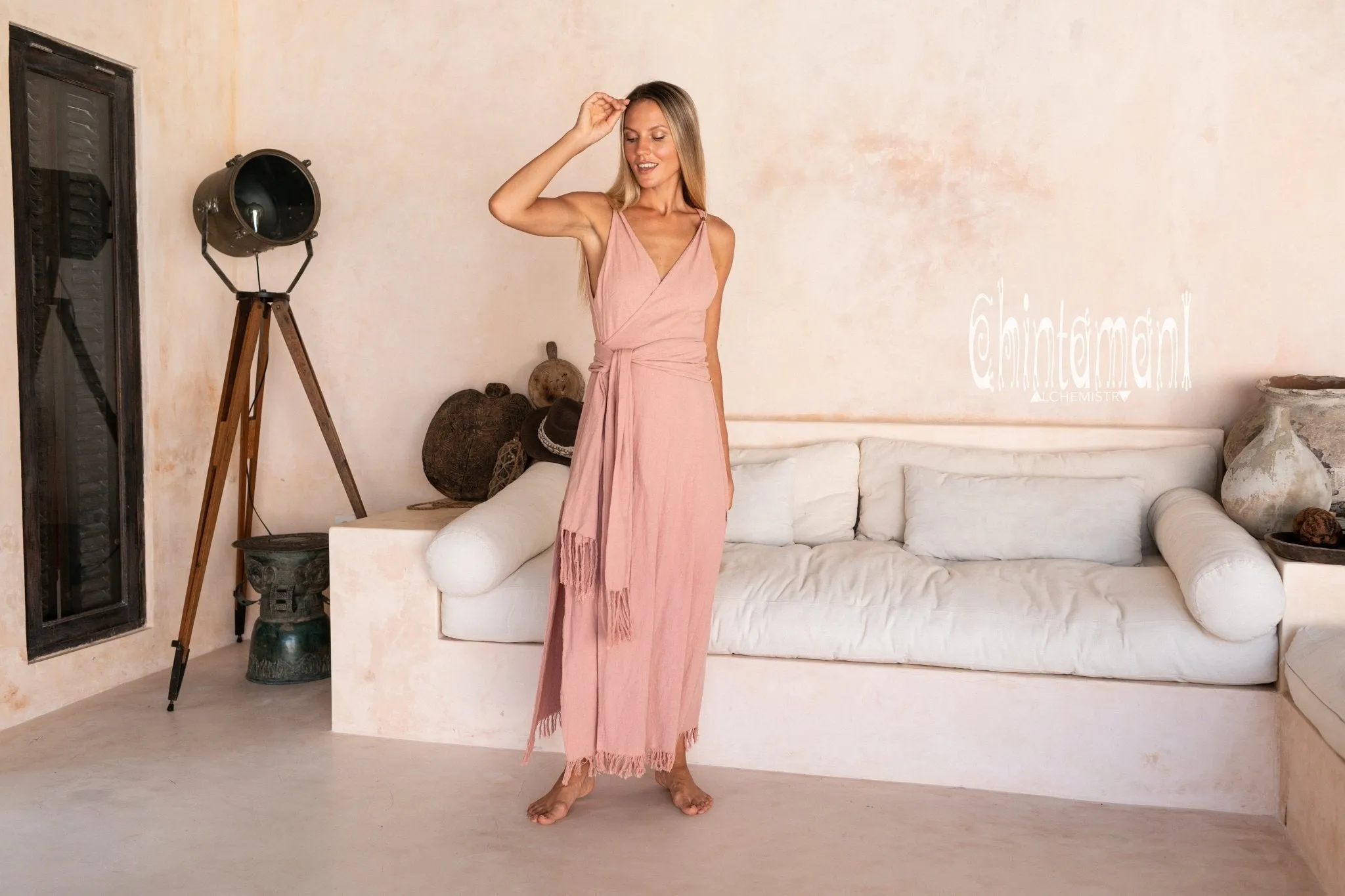 Raw Cotton Sleeveless Wrap Dress / Dusty Pink